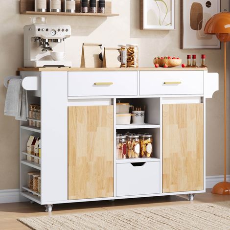 Carro de Cocina con Encimera Plegable, 3 Cajones, Estantes y Ruedas con Freno, MDF Blanco, 120 × 45(71) × 90 cm (1/5)