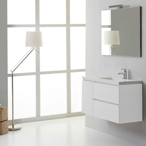 Kiamami Valentina – Meuble suspendu de salle de bains 90 cm – Profondeur 39 cm – Lavabo en marbre recomposé – Finition blanc forêt – Technologie Soft-Close (1/5)