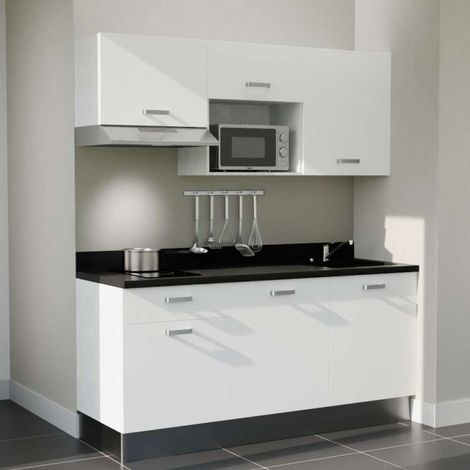 Kitchenette K30L - 180 cm - plan monobloc évier intégré Nero- évier à droite - Façades Blanc + Electroménager inclus coloris Inox