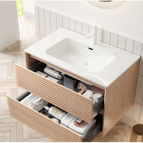 Mobile bagno 81 cm con lavabo in ceramica bianca, 2 cassetti, noce naturale DESVIAE (1/5)