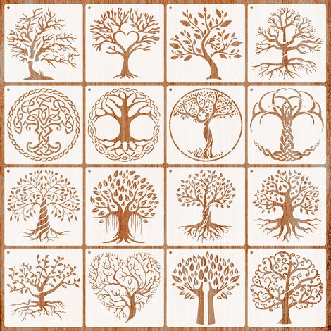 16 pochoirs Arbre de Vie pour peinture à l'aérographe sur bois, naturel