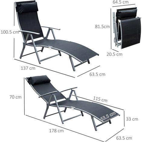 Transat pliant de jardin avec coussin, 137 x 63,5 x 100,5 cm, métal et tissu, noir, pour la plage et la terrasse