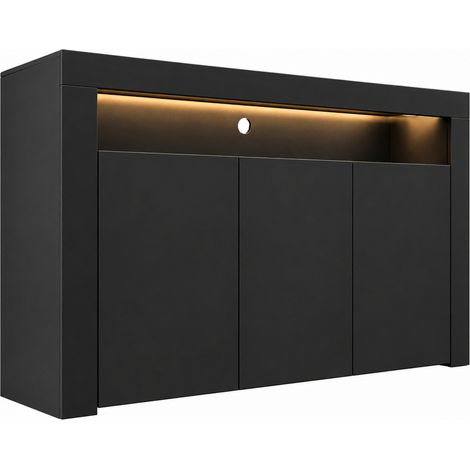 Aparador de salon 3 puertas con LED  Aparador de cocina  Mueble de salon  Recibidor  155x91x37cm  Modelo Aker  Negro mate (1/5)