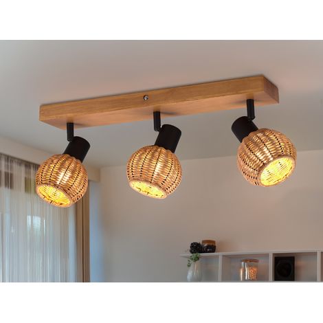 Deckenstrahler TAVAR 3-flammig Holz mit Rattan Schirmen, Breite 50cm (1/5)