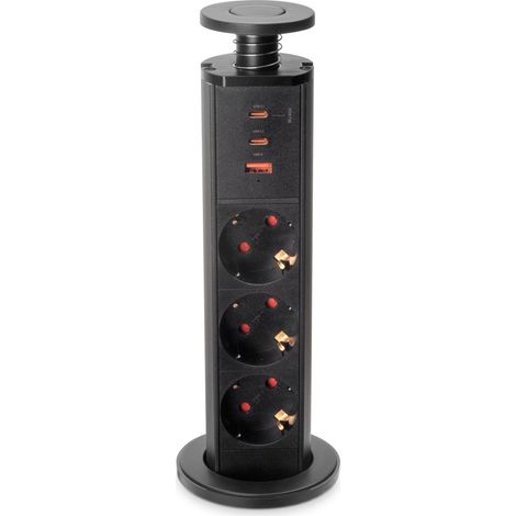 emuca multiconector extraíble vertikal, 3 enchufes tipo schuko, 1 usb tipo a, 2 usb tipo c, plástico y aluminio, pintado negro (1/4)