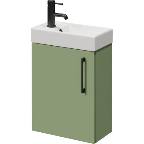 Napoli Cube Olive Green 400mm Wall Mounted Single Door Vanity Unit with Align Basin - 400mm - Matt Black 160mm Handle