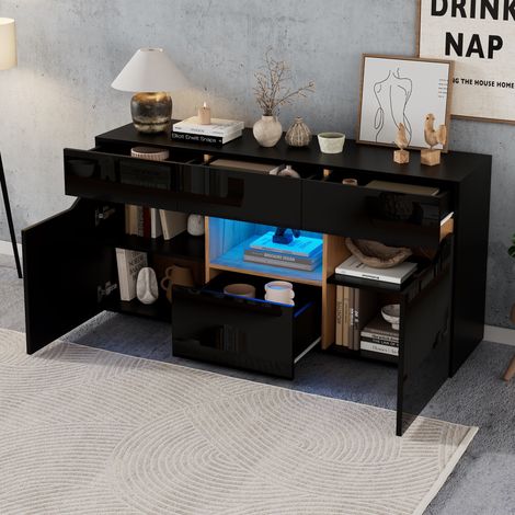 Buffet de salon 140x40x70 cm, Bahut moderne avec LED USB et 4 tiroirs meuble de rangement, avec 2 portes et étagères , Noir et bois naturel (1/5)
