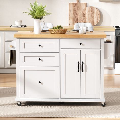 Isla de cocina con ruedas (107x45-70x90.5 cm), encimera extensible, almacenaje multifunción, MDF blanco y natural (1/5)