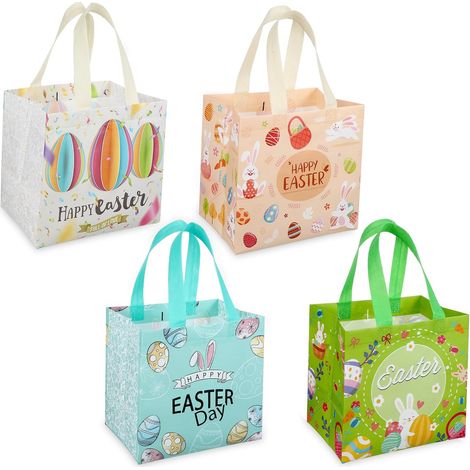 Set mit 4 wiederverwendbaren Ostereiersuchbeuteln mit Henkeln, verziert mit niedlichen Häschen auf Eiersuche. Diese Vliesbeutel eignen sich perfekt zum Verpacken von Geschenken, für die Ostereiersuche (1/5)