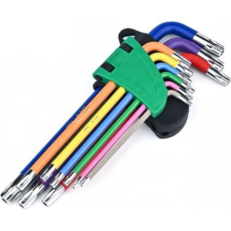Jeu de 9 clés en forme d'étoile,Jeu de clés Allen avec code couleur multicolore,Tailles T10-T50, réparation d'appareils électroménagers, bricolage (1/5)