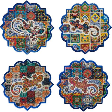 Set de 4 posavasos de cerámica azulejos lagarto azul 11 cm