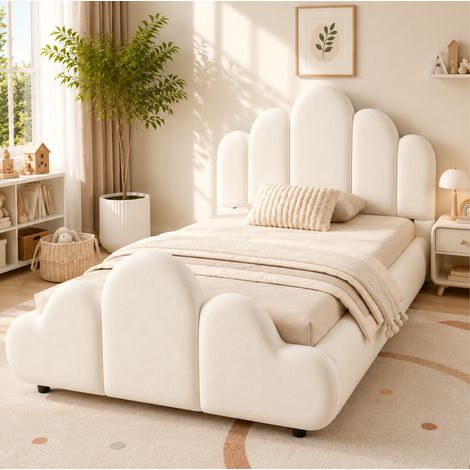 Letto per bambini 90x200 cm con rete a doghe, struttura stabile e bordi arrotondati, rivestito in bouclé - beige (1/5)