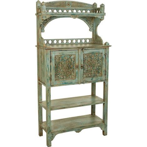 buffet artisanal bleu bois sculpté deux portes et étagères - bleu patiné bois de manguier (1/5)