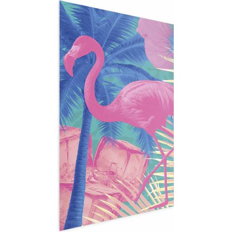 Poster – Rosa Flamingo – Abstrakter Flamingo vor einem Hintergrund aus Palmen und Eiswürfeln (1/4)