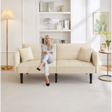 canapé convertible salon 2 places velours beige compact OKMYHOME (1/5)