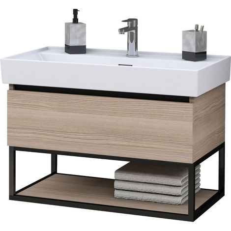 BELVIT Badmöbel Set mit Waschbecken 80 cm & Unterschrank 75 cm Nussoptik mit Metallgestell (1/4)