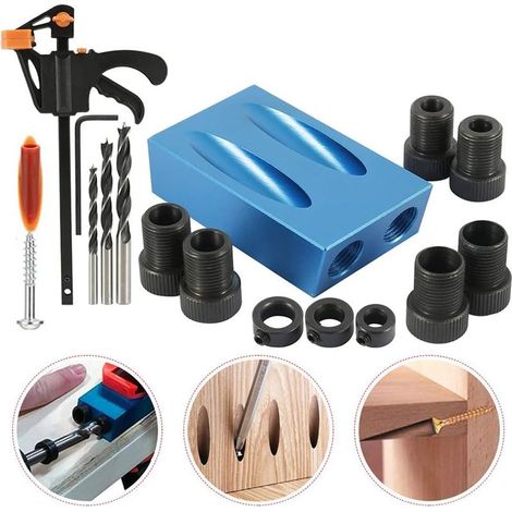 15 pièces Kit de gabarit de perçage d'angle, 15°, forets 6/8/10 mm, douilles incluses, pour assemblage bois précis (1/5)