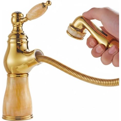 Grifo monomando para lavabo de encimera con cabezal rociador extraíble, agua fría y caliente (Amarillo, Dorado A Corto) (1/5)