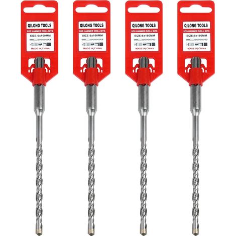 Lot de 4 Foret Béton SDS Plus 6 x 160 mm – Rouge pour identification – Pointe Carbure – Pour Brique, Béton, Pierre, Parpaing – Foret SDS Plus (1/5)