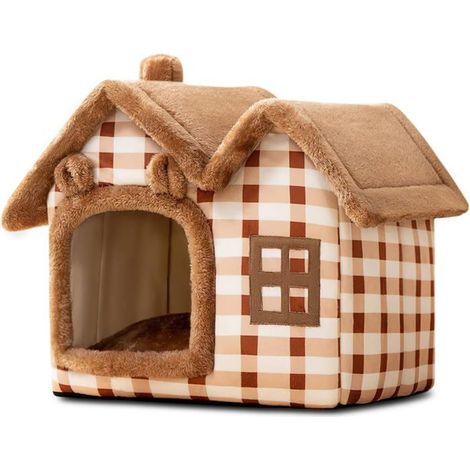 BelleRise - Lit-grotte pour chat, igloo en peluche chaud et confortable, lit lavable pour chien avec coussin amovible (M, marron) (1/4)