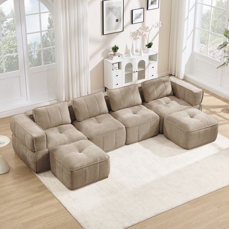 Canapé panoramique u 344x162x67 cm – canapé xl 4 places avec pouf assise épaisse modules séparables – tissu – beige (1/5)