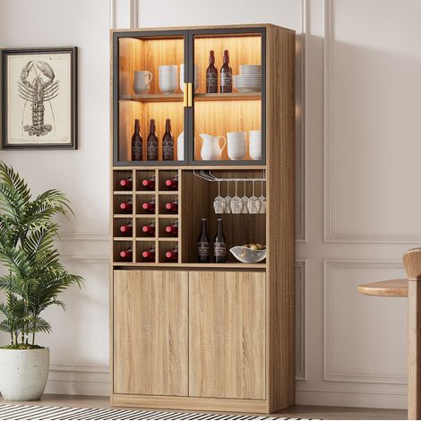 Vitrine de rangement 180 cm avec portes en verre et éclairage LED, MDF naturel, OKWISH (1/5)
