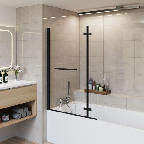 Bathroom L Shaped Pivot Reversible Bath Screen Hinged Return with Towel Rail Black (1/5)