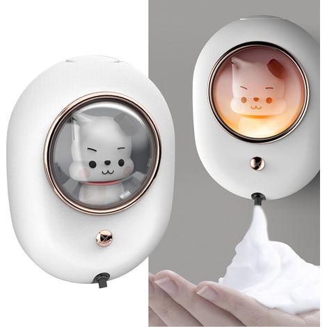 Distributeur de savon mural, design capsule spatiale, rechargeable, gain de place, distributeur automatique de savon mousse, blanc (1/5)