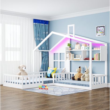 Cama infantil casa con LED y estantes blanca HAVRYA (1/5)
