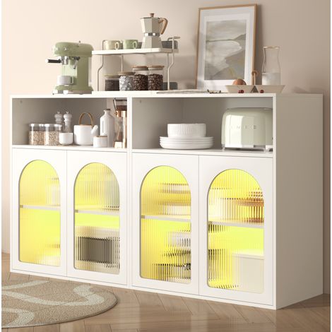 Credenza bianca con anta in vetro, illuminazione LED e vano aperto, per soggiorno e sala da pranzo (1/5)