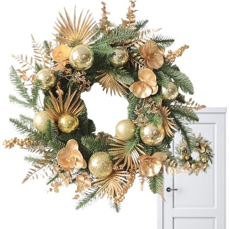 Couronne De Noël pour Porte 48 cm Décorations d'hiver De Noël Couronne Dorée pour Porte Décor De Fêtes pour Fête Intérieur Extérieur Mur Fenêtre Manteau Chambre Salon Bureau Jardin Cour (1/5)