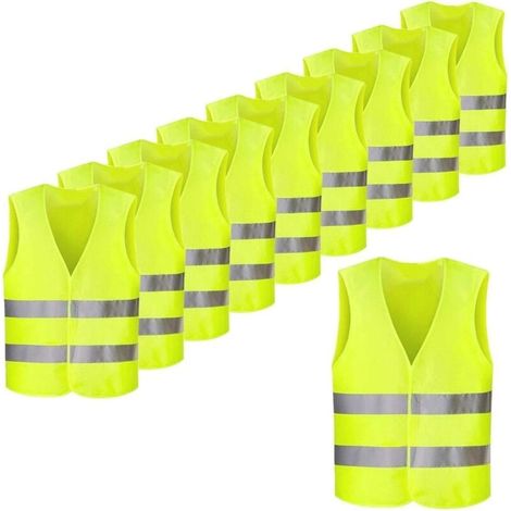 Paquete de 10 chalecos reflectantes de seguridad de color amarillo fluorescente, alta visibilidad para ciclistas, conductores, corredores, recolectores de basura, etc., 56 x 68 cm (1/5)
