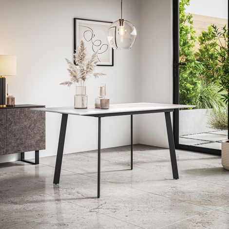 Haydon Extending Dining Table Modern White Marble Effect Table Top w Black Legs (1/5)