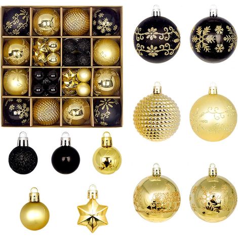 Lot de 42 petites boules de Noël en plastique incassable à suspendre pour sapin de Noël, fêtes, mariage (noir doré) (1/5)