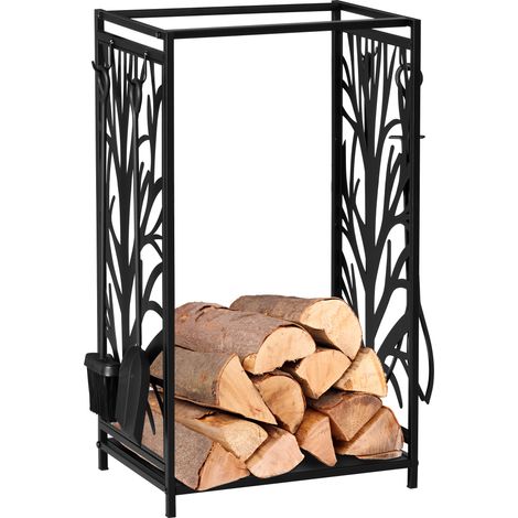 HOMCOM estante para leña estantería de almacenamiento para chimenea 46x30x70 cm soporte para leña con 4 herramientas para interior y exterior negro (1/5)