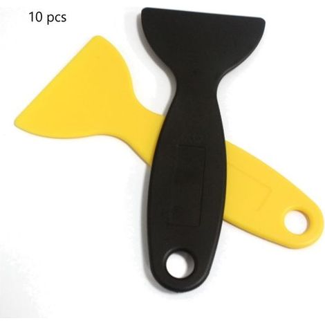 Lot de 10 grattoirs petit format : pour film de téléphone portable, film de voiture, spatule en plastique, couteau à neige et couteau à mastic, couleurs jaune et noir (1/4)
