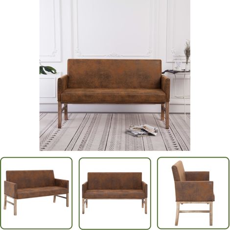 The Living Store Banc avec accoudoir 140 cm Marron Similicuir daim - Banc Coffre - Banc Deux Places - Banc Cuir Faux - Banc Confortable - Meuble Salon (1/5)