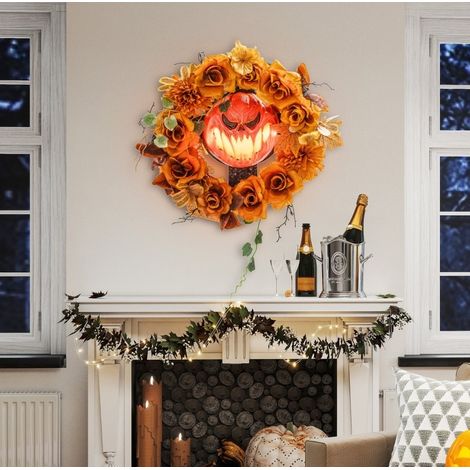 Corona di Halloween luminosa con zucca, 44 x 9 x 44 cm, acciaio e poliestere, arancione (1/5)