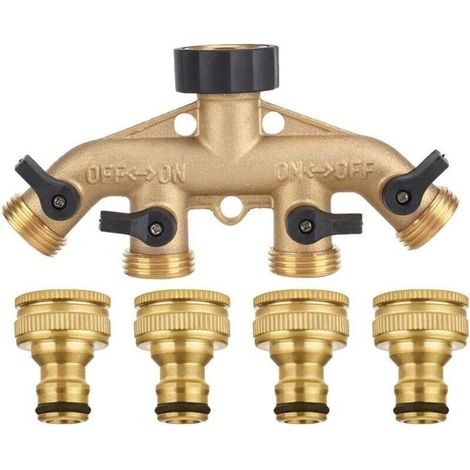 Raccordo a 4 vie in ottone massiccio con valvole di intercettazione, rubinetto e uscite da 1,9 cm consente di collegare fino a 4 tubi contemporaneamente. (1/4)