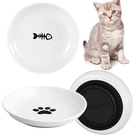 3 Pièces Gamelle Chat Céramique avec Base Silicone Antidérapante, Gamelle Chat Plat Large pour Fatigue Barbe Soulager,Assiettes Chatons pour Nourriture,Eau, Plats Nourrir avec Patte Chat,Petit Poisson (1/5)
