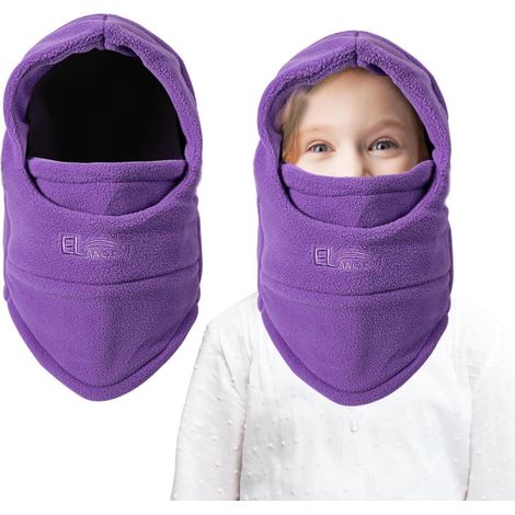 Cagoule d'hiver polaire enfant 4-9 ans, masque facial coupe-vent réglable, tour de cou chaud violet (1/5)