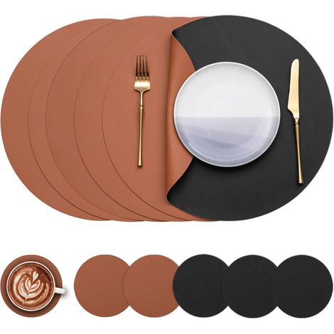 Sets de table en cuir, marron et couleur café, ronds, 3636cm, lot de 6, antidérapants, isolants thermiques. (1/5)