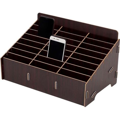 Boîte de rangement en bois naturel – 24 compartiments – Idéale pour bureau, école ou smartphone – Coloris brun élégant