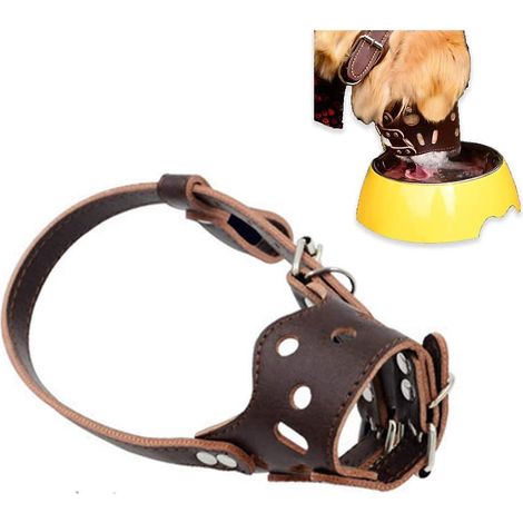 Muselière ajustable en cuir marron respirant pour chien, taille M, pour mordre et aboyer. (1/4)