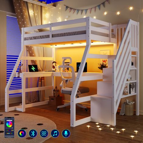Cama alta de madera 90x200 cm – Litera con escritorio, luz LED, puerto USB y escalera con almacenaje, blanca (1/5)