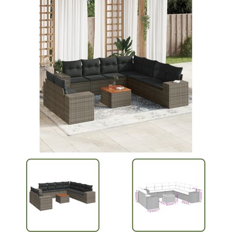 The Living Store 10-tlg. Garten-Sofagarnitur mit Kissen Grau Poly Rattan - Gartenmöbel Set - Esszimmerset Outdoor - Lounge Möbel - Rattan Gartenmöbel - Wetterfeste Gartenmöbel