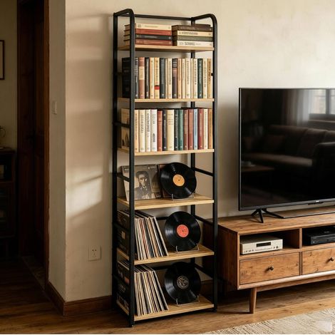 Étagère de rangement 6 niveaux en MDF et métal, bois clair, 50 x 30 x 176 cm, style industriel pour salon, bureau ou chambre - CHICFURN (1/5)