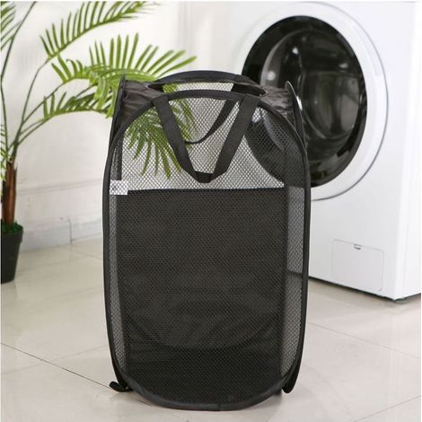 Grand panier à linge pliable noir avec ouverture ronde et structure latérale panier à linge portable pour la maison. (1/4)