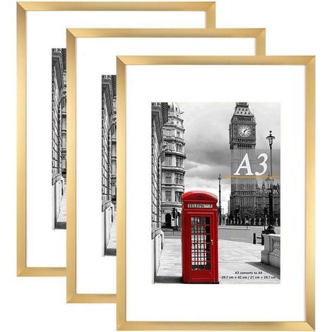 Bilderrahmen A3 mit Passepartout für A4, 3er Set, Gold, Wandmontage (1/5)