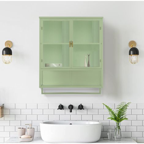 Pensile in metallo e vetro verde 60 x 23 x 78 cm, 2 ante, ripiano aperto e barra portasciugamani (1/5)